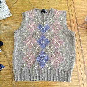 Kenneth Allen Vintage Argyle Sweater Vest Beige Pink Purple Wool Blend Mens M